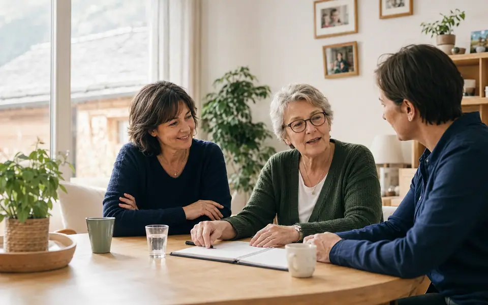 Drei Frauen besprechen Unterlagen an einem Küchentisch.